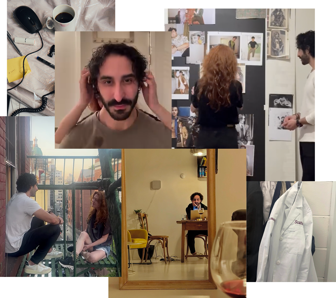 Everyday work: a desk with coffee, a man in headphones, a mood board, two people on a fire escape, a laptop in a mirror, a Scatter lab coat