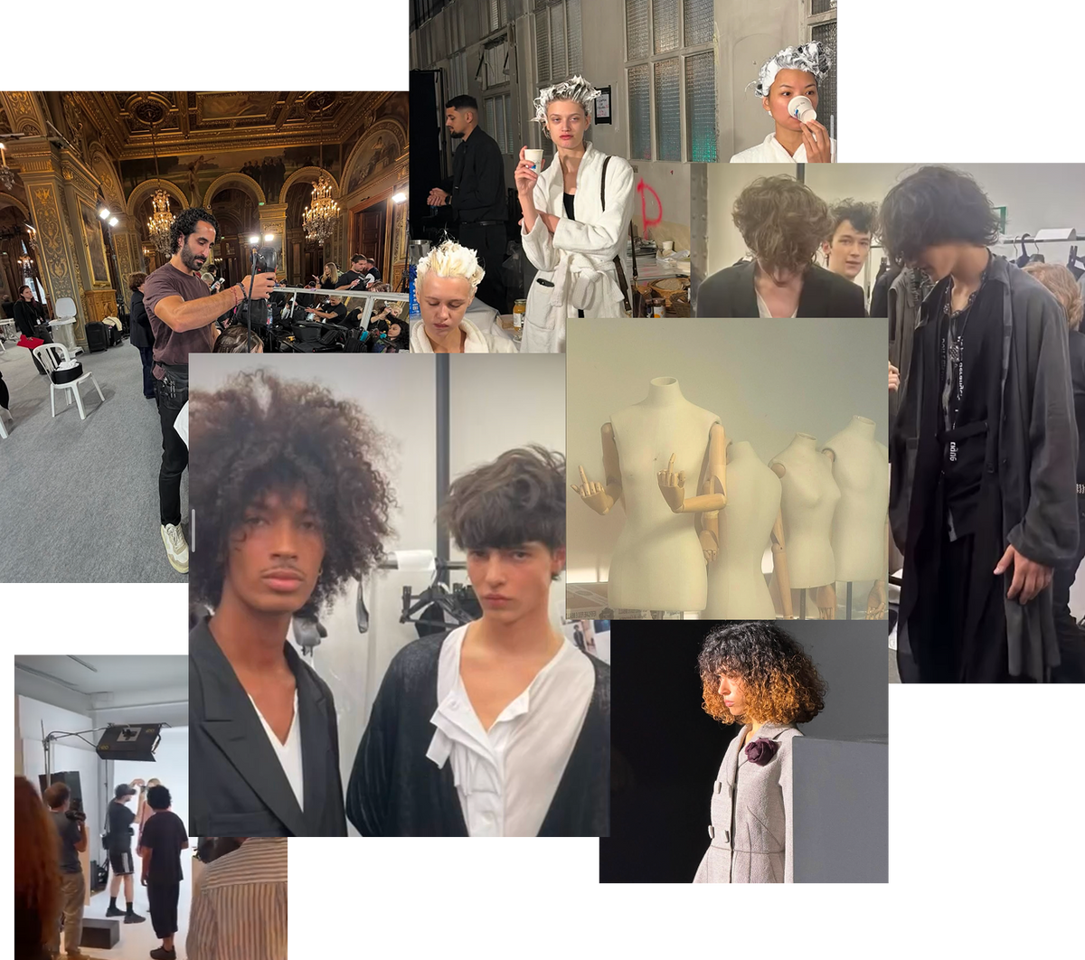 Backstage at fashion shows: a stylist photographing a model, foils in hair, curly and wavy-haired models, dress forms, a photo shoot
