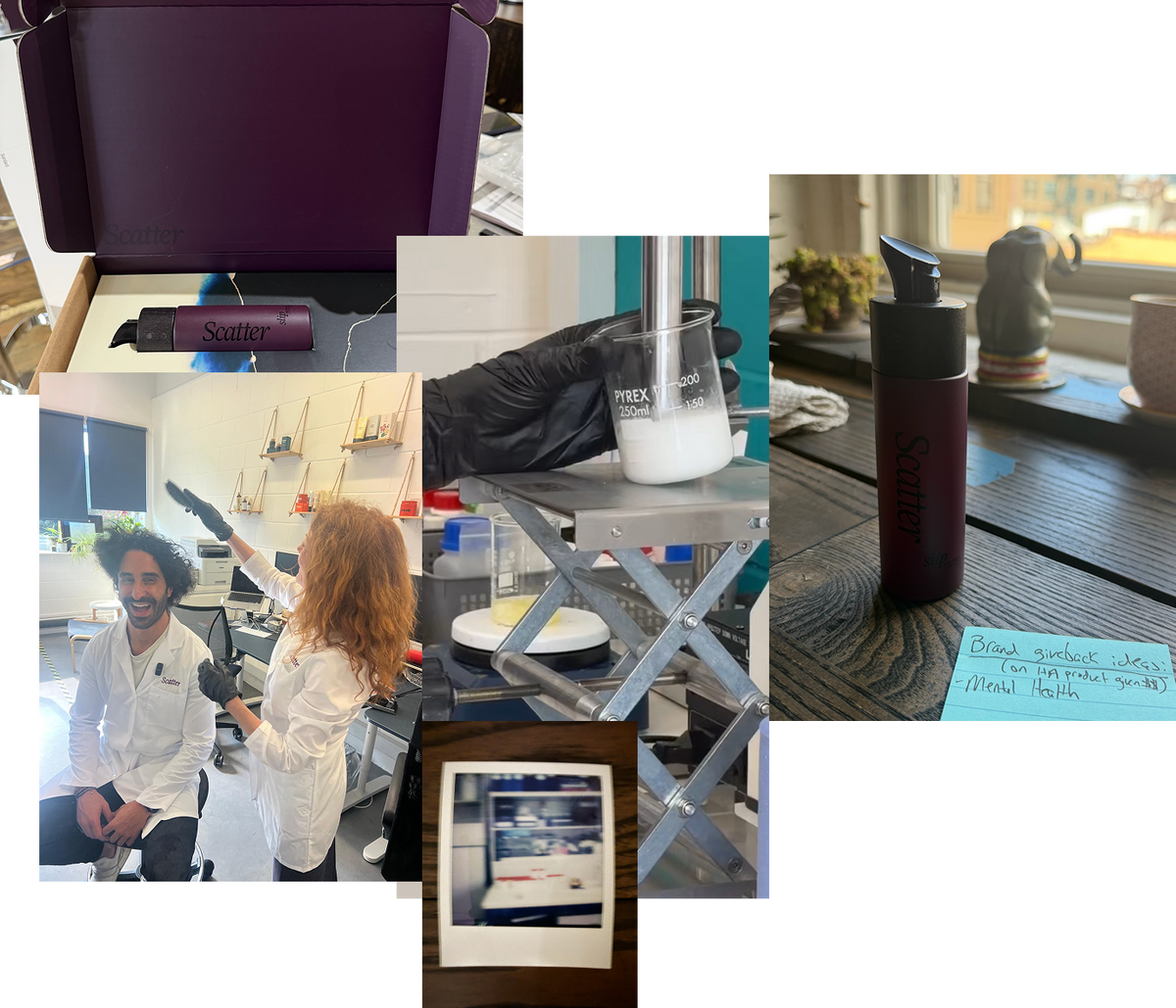 Making Scatter: a bottle in a purple box, a formula mixed in a beaker, a lab, and a note reading “Brand giveback ideas: mental health”
