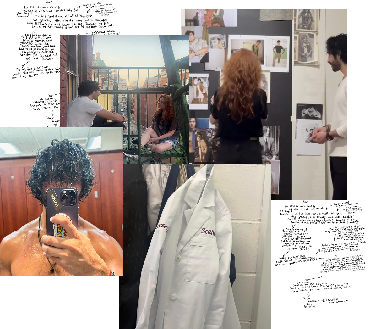 Behind the scenes at Scatter: handwritten notes, two people on a fire escape, a mood board, a mirror selfie, and a lab coat embroidered “Scatter”