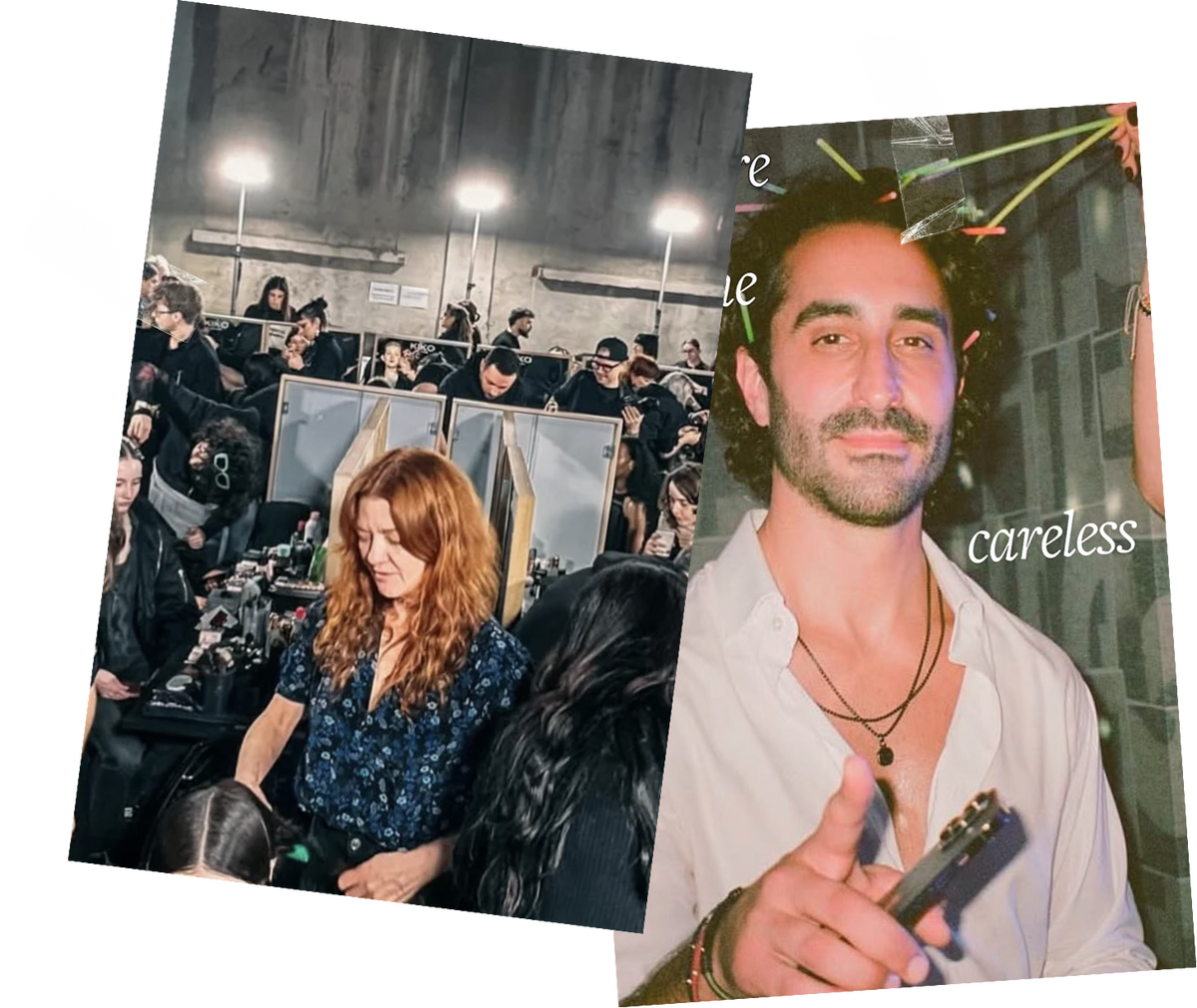 A stylist working on a model’s hair backstage, and a smiling man with curly hair pointing at the camera